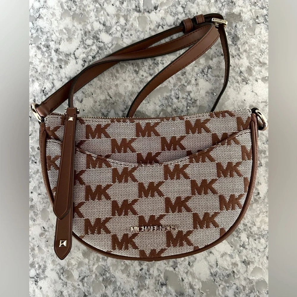 Michael Kors Dover Small Half Moon Signature Leather/Canvas Crossbody
